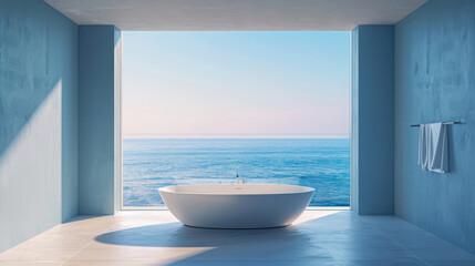 Bright minimalist bathroom with freestanding bathtub and ocean view. Blue walls create a calm atmosphere.