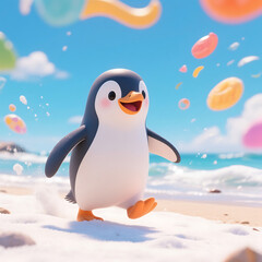 Cheerful cartoon penguin happily walking on sunny beach, joyful summer vibe for childrens projects, animation
