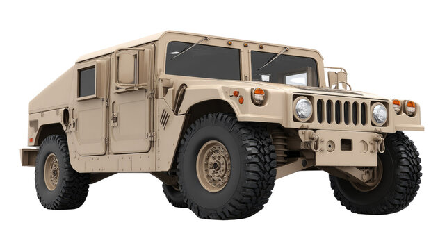 Military Utility Vehicle in Desert Tan Color, Off-Road Capability, Modern Design, Front View of Humvee