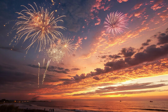 Fireworks explode over ocean sunset clouds