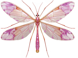 Detailed macro view of a metallic pink insect with intricate wing veins isolated on transparent background