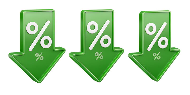Three Green Downward Arrows with Percent Signs Representing Decreasing Costs and Financial Discounts for Shoppers and Consumers