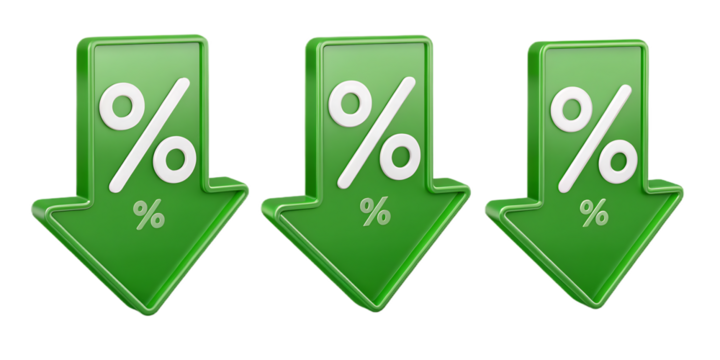 Three Green Downward Arrows with Percent Signs Representing Decreasing Costs and Financial Discounts for Shoppers and Consumers