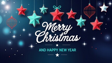Festive Red and Blue Hanging Star Ornaments with Merry Christmas and Happy New Year Text – AI-Generated