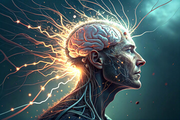 Human head exploding with chaotic wires, symbolizing sensory overload and mental strain