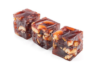 Sliced pieces of churchkhela with walnuts. Traditional Turkish dessert. Eastern sweet. Nuts.