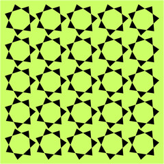 Black interlocking star patterns repeat gracefully on a bright green backdrop, forming a bold geometric rhythm of balance, symmetry, and energy.