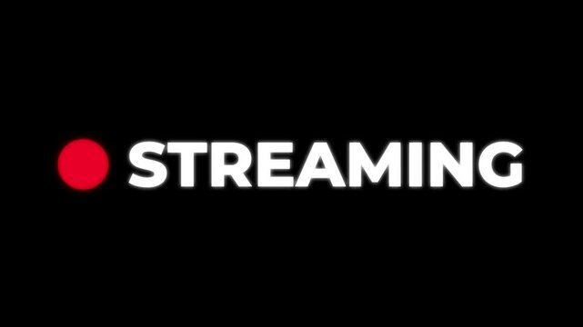 Streaming word design with a bright red button on a black background