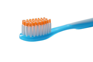 Close-up of a blue toothbrush with orange and white bristles dental hygiene oral care products mouth health isolated on transparent background