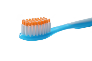 Close-up of a blue toothbrush with orange and white bristles dental hygiene oral care products mouth health isolated on transparent background