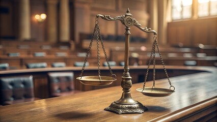 Ornate silver scales of justice, balancing equilibrium in a dark void