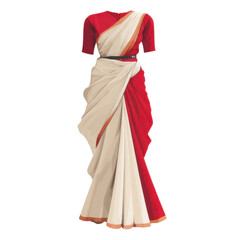Flat vector sari with clean division between blouse and wrap skirt, red top, ivory bottom, white background
