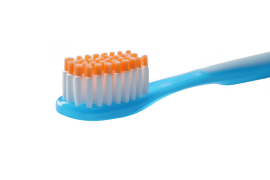 Close-up of a blue toothbrush with orange and white bristles dental hygiene oral care products mouth health isolated on transparent background