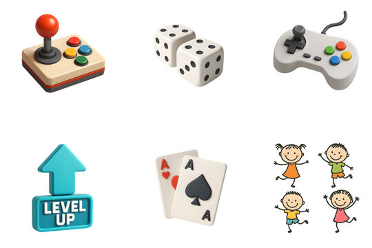 Collection of colorful gaming icons including a joystick dice playing cards level up symbol and cartoon characters