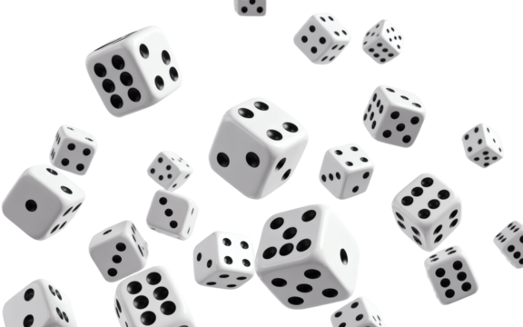 Dynamic dice rolling in the air, perfect for gambling, chance, luck, winning, and game design concepts