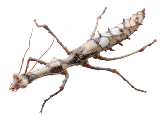 Detailed macro shot of a cryptic stick insect with intricate camouflage isolated on transparent background