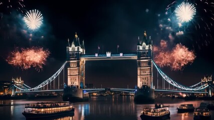 Tower Bridge Fireworks Display Over River Thames at Night - Powered by Adobe