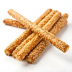 Crunchy pretzel sticks coated with sesame seeds.