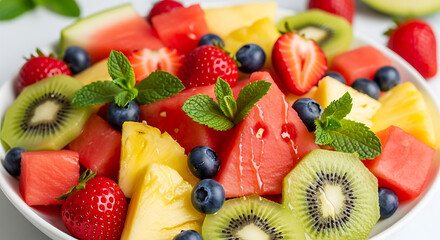 A vibrant fruit salad with watermelon, pineapple, strawberries, kiwi, and blueberries, garnished with mint leaves, in a white bowl