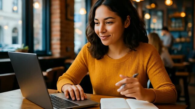 Smiling Young Woman Working on Laptop in Cafe, Remote Work and Digital Nomad Lifestyle Concept