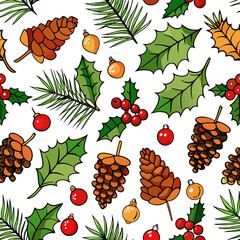 Christmas seamless pattern, pine twigs, cones, red holly berries, Christmas, Happy New Year seamless pattern with fir cone, holly leaves and berries for greeting cards, wrapping papers.