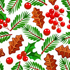 Christmas seamless pattern, pine twigs, cones, red holly berries, Christmas, Happy New Year seamless pattern with fir cone, holly leaves and berries for greeting cards, wrapping papers.