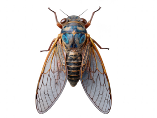 Detailed macro view of a cicada insect with intricate wing veins isolated on transparent background