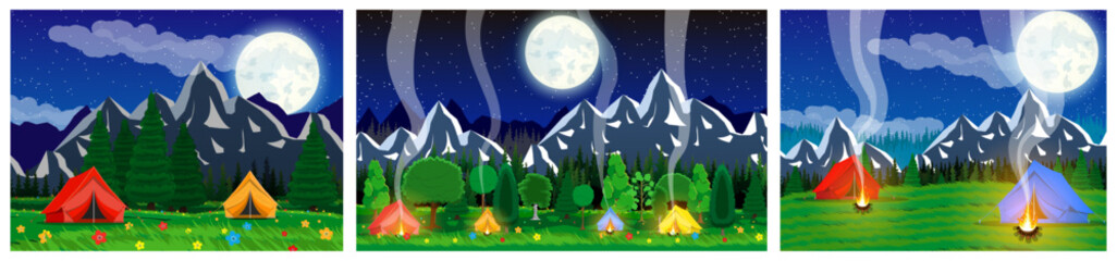 Fototapeta premium Night camping landscape with colorful tents and bonfires in mountains. Outdoor adventure concept for travel and summer holiday vacation.