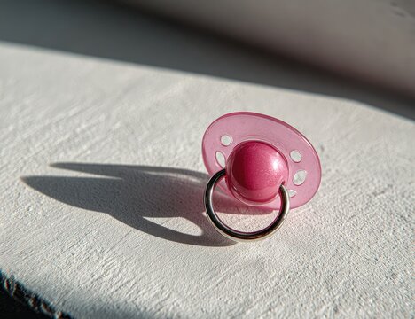 Pink pacifier on a white surface, sunlight casts a shadow