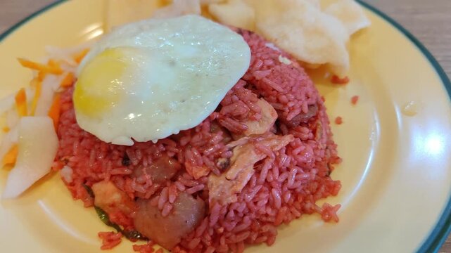 Delicious Indonesian-style red fried rice (nasi goreng merah) served with a fried egg and traditional crackers. A popular street food dish in Indonesia known for its unique color and savory taste, oft