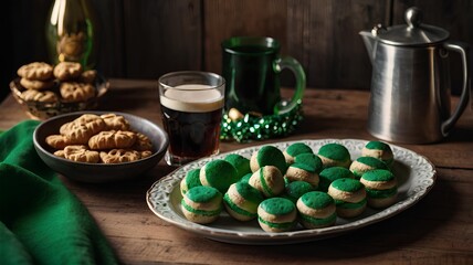 St Patrick`s holiday party - background wooden table with cookies and beer. 