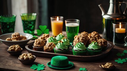St Patrick`s holiday party - background wooden table with cookies and beer. 