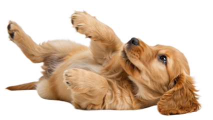 High-resolution studio photograph of a cute golden cocker spaniel puppy lying on its back, playful and happy expression with wide eyes and open mouth