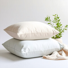 Obraz premium Minimalist mindfulness corner featuring a meditation cushion, linen throw, and indoor plant with soft beige tones. Perfect for wellness, lifestyle, and editorial branding