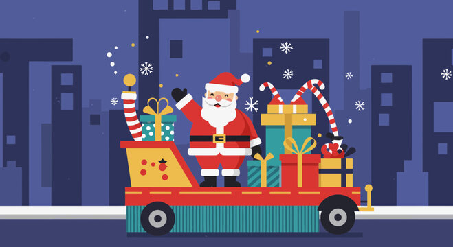 Santa Claus waves from a Christmas parade float in a stylized city scene