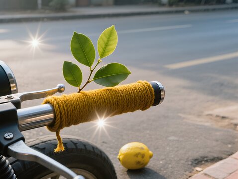 Banni Tree Leaf on Motorcycle Handle Wrapped in Turmeric Yarn with Lemon on Roadside, Morning Sun Flare and Photorealistic Urban Setting