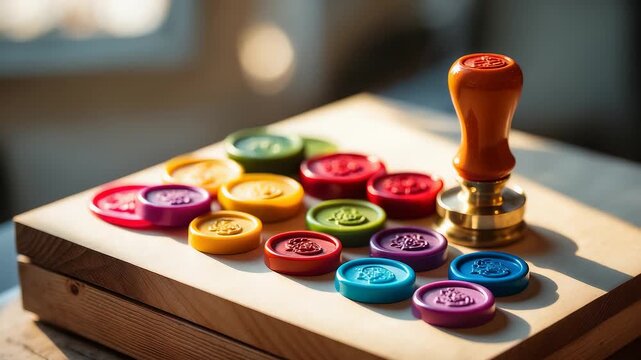 Colorful Wax Seals with Wooden Stamp on Wooden Surface in Bright Natural Light