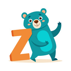 Playful Bear Character with Big Alphabet Z Illustration for Kids Learning, Cute Animal Cartoon, Fun Educational Children’s Book Art
