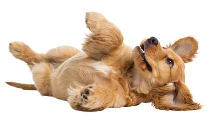 High-resolution studio photograph of a cute golden cocker spaniel puppy lying on its back, playful and happy expression with wide eyes and open mouth