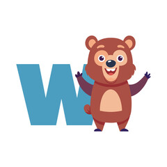 Playful Bear Character with Large Alphabet W, Cute Animal Illustration for Kids Learning, Fun Educational Vector Design for Children Books
