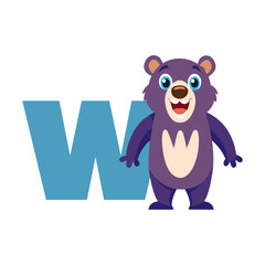 Playful Bear Character with Large Alphabet W, Cute Animal Illustration for Kids Learning, Fun Educational Vector Design for Children Books