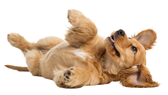 High-resolution studio photograph of a cute golden cocker spaniel puppy lying on its back, playful and happy expression with wide eyes and open mouth