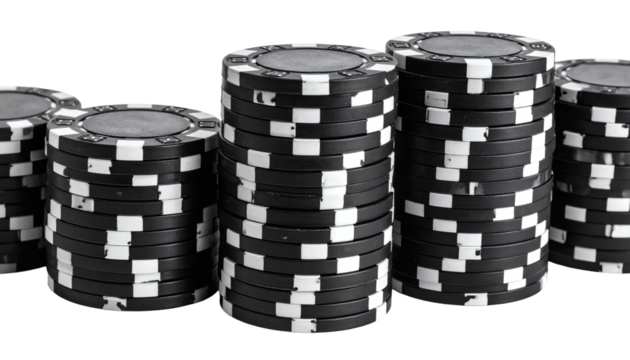Stacks of poker chips in black and white, ready for high-stakes casino games and gambling ventures - Powered by Adobe