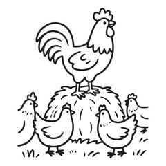  A rooster standing proudly on a haystack silhouette vector design. 