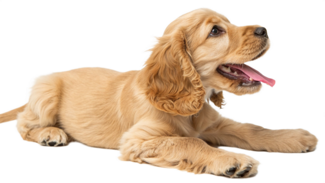 High-resolution studio photograph of a cute golden cocker spaniel puppy lying on its back, playful and happy expression with wide eyes and open mouth