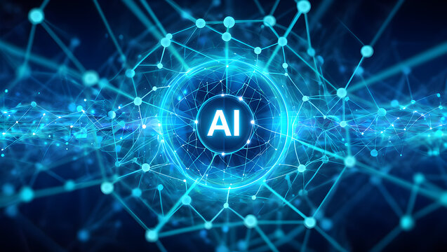 Futuristic AI neural network with glowing blue connections and central AI symbol artificial intelligence