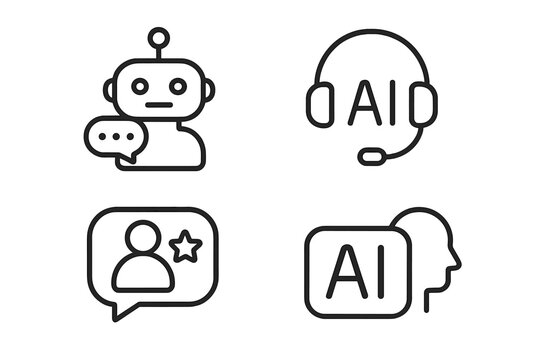 AI customer service outline icon set. Chatbot, virtual assistant, headset support, user rating, and AI head pictogram. Vector illustration for tech support and automation.