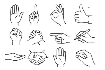 Hand gestures line art icon set. Minimalist vector collection of signs and symbols. Handshake, fist, ok, pointing finger, thumbs up. Communication and agreement concept.