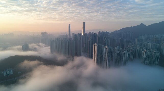 A drone captures the city skyline of Shenzhen, China, with skyscrapers rising above the clouds in an ethereal, misty morning light - Powered by Adobe