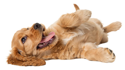 High-resolution studio photograph of a cute golden cocker spaniel puppy lying on its back, playful and happy expression with wide eyes and open mouth